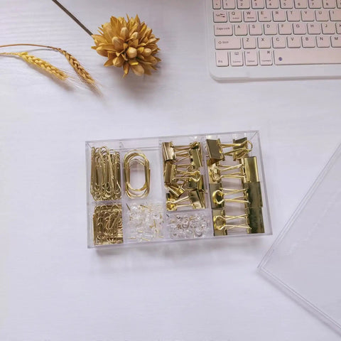 Gold Paper Clips And Binder Clips Set 154 Pcs Must Have Office Supplies Bundle displayed in a clear organizer
