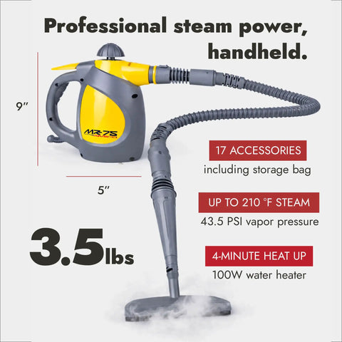 No Sweat Handheld Steam Cleaner Pumping Hot Vapor To Blast Bed Bugs Clean Car Interiors And Scrub Tile Grout Like A Champ With Zero Hassle And Major Guaranteed Results, 3.5 lbs, 9" height, with flexible hose.