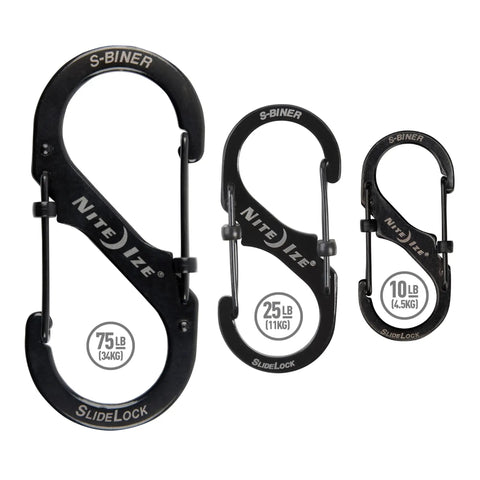 SlideLock Stainless Steel S Biner Dual Gate Carabiner With Locking Mechanism For Everyday Carry in three sizes 10, 25, 75 lbs
