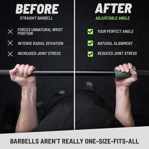Comparison of straight barbell and Angled Barbell Grips Pro for Joint Support and Muscle Activation showing improved wrist angle and grip.
