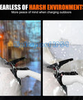 Portable Level 1 And 2 EV Charger Drops A Sharp 8 To 16 Amp Punch shown charging in rain and snow, illustrating waterproof IP54 design.