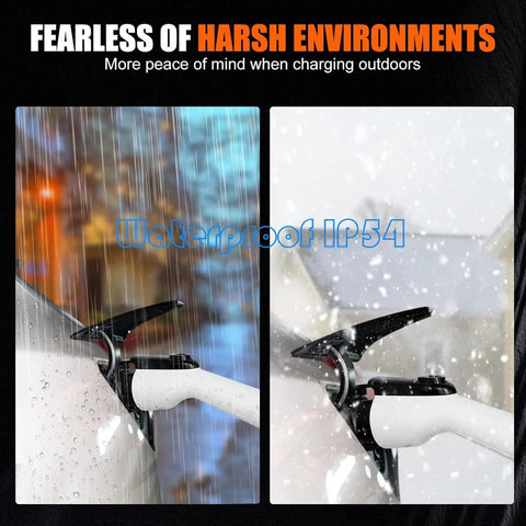 Portable Level 1 And 2 EV Charger Drops A Sharp 8 To 16 Amp Punch shown charging in rain and snow, illustrating waterproof IP54 design.