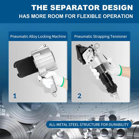 Split Pneumatic Strapping Machine For Metal Banding, Air Operated Steel Belt Tensioner And Cutter, dual tool view