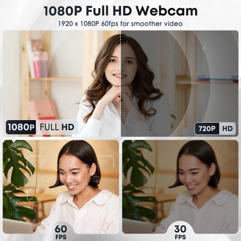Hella Crisp 1080P HD Webcam With Noise Cancelling Mic And Privacy Shutter For Gaming Live Stream And Video Calls showing 1080P HD vs 720P HD with two smiling women.