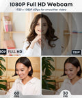 Slick 1080P HD Webcam With Built In Mic And Flip Privacy Cover Wide Angle Lens showing 1080p and 720p video quality comparisons.