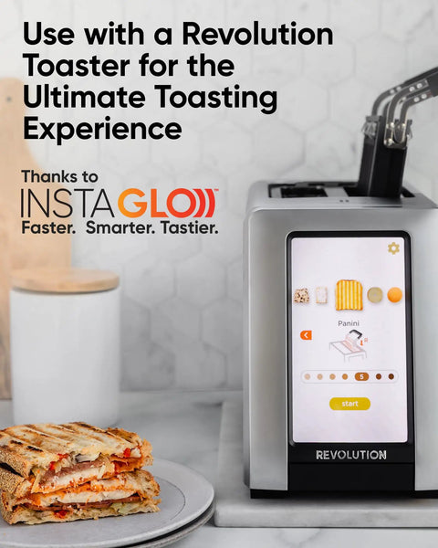 Revolution Toastie Press Fits Any Toaster for grilled cheese, quesadillas, and paninis next to Revolution Toaster.