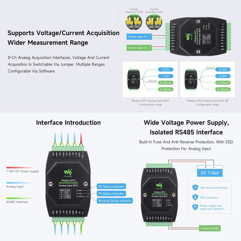 Diagram of Industrial 8 Channel Analog Acquisition Module with Interface Introduction and Power Supply Details.