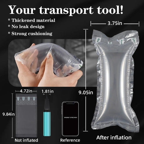 Hands holding inflated air pillow with dimensions 4.72 by 9.84 in as part of 200 Count Air Pillows For Shipping Supplies.