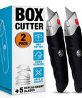 Front view of a two-pack retractable box cutter set with black rubber handles and red release buttons beside the packaging box.