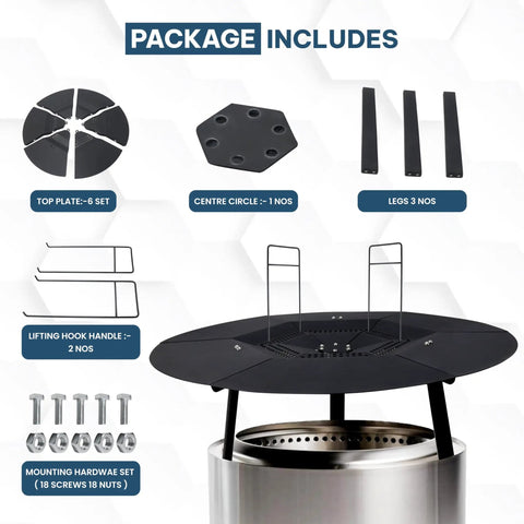 Stainless Steel Fire Pit Heat Deflector for Solo Stove Bonfire and Other 19.5 Inch Pits Smokeless Shield With Lifting Handle Heavy Duty Heat Guard package contents