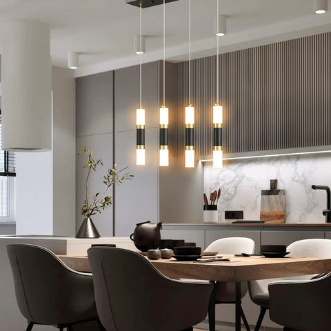 Four Light Modern Pendant Light For Kitchen Island With Dimmable LED Black And Gold Finish Contemporary Dining Room Ceiling Fixture
