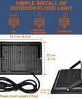 Simple install instructions for Two Pack 50W LED Flood Lights Outdoor IP66 Waterproof Daylight 6500K 14000 Lumens, showing dimensions and power cord.
