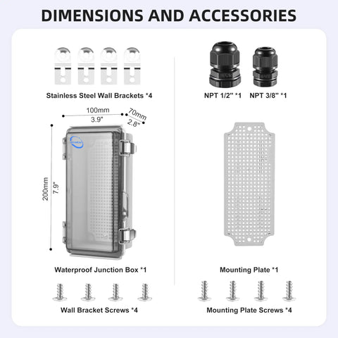 Outdoor IP67 Waterproof Junction Box With Mounting Plate And Clear Hinged Cover dimensions and accessories
