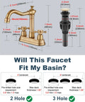 Antique Brass 4 Inch Centerset Bathroom Faucet With Two Cross Handles Retro RV Style Mixer Tap For 3 Hole Basins Vanity Lavatory Includes Hoses And Pop Up Drain, with dimensions illustration and fit guide for 2 or 3 hole basins.