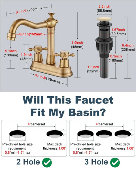 Antique Brass 4 Inch Centerset Bathroom Faucet With Two Cross Handles Retro RV Style Mixer Tap For 3 Hole Basins Vanity Lavatory Includes Hoses And Pop Up Drain, with dimensions illustration and fit guide for 2 or 3 hole basins.