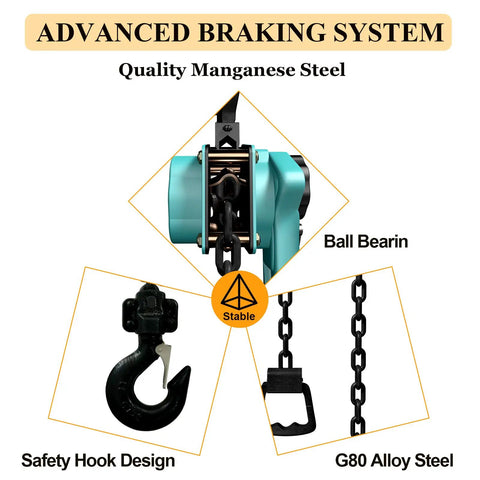 Lever Chain Hoist 1650 Lbs Capacity 5 Ft with Advanced Braking System, Safety Hook, and G80 Alloy Chain Features