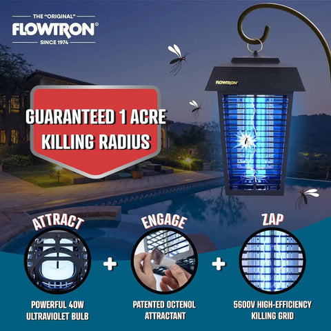Outdoor Bug Zapper For 1 Acre Coverage With 40W UV Bulb And 5600V Kill Grid Mosquito Attractant Cartridge Included Hangable Lantern Insect Trap That Takes Down Flying Pests Fast hanging by a pool.