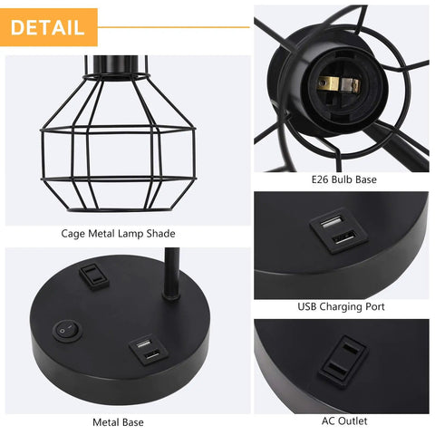 USB Powered Modern Table Lamp With Built In Outlet Industrial Farmhouse Bedside Desk Light details showing lamp shade, USB ports, and AC outlet.