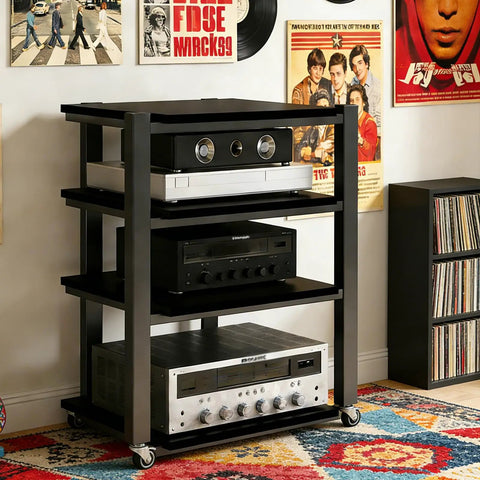 Heavy Duty Audio Component Rack With Smooth Locking Wheels Four Tier Black AV Media Stand Park Your Studio Gear In Style Solid As A Rock For Every Setup