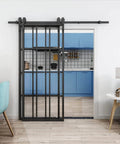 Sliding Barn Door Hardware Kit For Bypass Double Doors With Side Mounted Rails installed in modern kitchen space