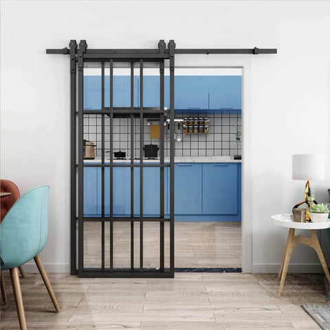 Sliding Barn Door Hardware Kit For Bypass Double Doors With Side Mounted Rails installed in modern kitchen space