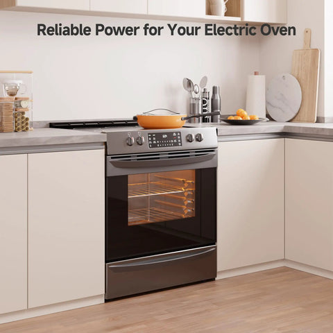 Modern kitchen with electric oven, illustrating use of Beefy 4 Prong To 4 Wire Range Cord 10 Ft Heavy Duty 6/8 AWG 50 Amp.