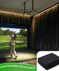 Indoor setup with 12x10 Ft Golf Simulator Curtain Blackout Enclosure Cloth With Grommets, golfer practicing with clear visuals.