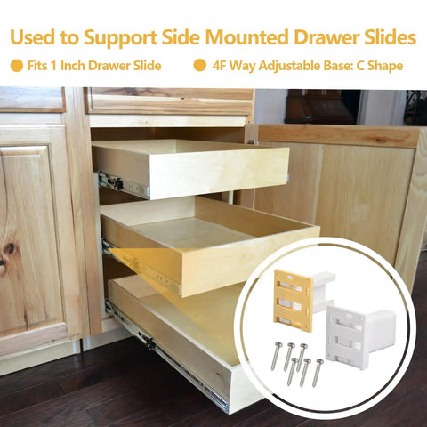 Built Tough Two Pack Drawer Slide Sockets And Track Back Plates, C Shape Mount For One Inch Cabinet And RV Drawer Rails, Durable Nylon Brackets With Six Screws installed in a kitchen drawer.