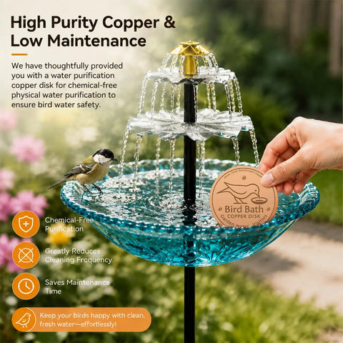 Sun-Powered Bird Bath Fountain With External Solar Panel And Copper Cleaner, Self-Cleaning Outdoor Water Feature For Non-Stop Cascade