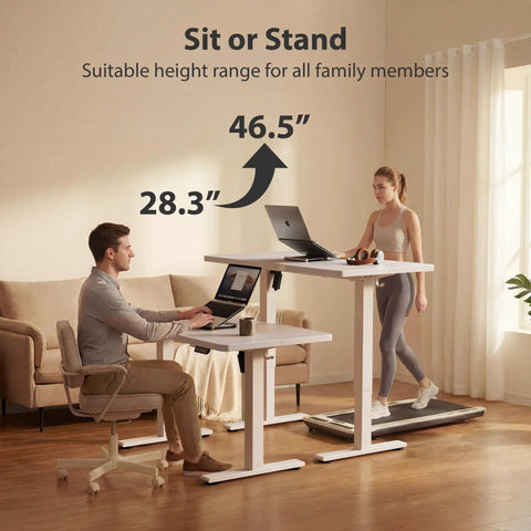 Cubiker 40X24 Electric Standing Desk Adjustable Sit Stand Home Office Table with users both sitting and standing.