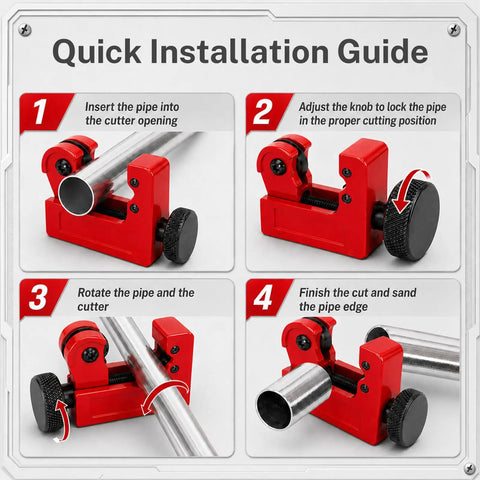 Quick Installation Guide for Heavy Duty Pipe Cutter Set For Plumbing Maintenance Multi Material Compatible Copper Aluminum Stainless PVC PPR Pipes Fits Up To 50mm Outer Diameter And 2.5mm Wall Mini Cutter Covers 3-22mm Six Bearing Rollers Sharp Blade For Easy Smooth Cuts