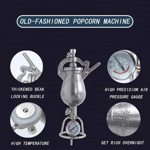 Old School Hand Crank Popcorn Cannon With Precision Pressure Gauge And Base, 1000ml Capacity, Vintage Style Popcorn Maker details