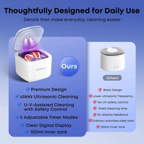 Ultrasonic Retainer Cleaner Machine For Dentures Aligners Braces And Mouth Guards With 45kHz Power And 24W Transducer comparison chart
