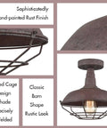 Straight Up Rustic Charm All Metal Barn Style Semi Flush Mount Ceiling Light Featuring Vintage Wire Cage Rust Finish ETL Certified top view and side details.