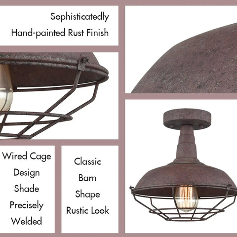 Straight Up Rustic Charm All Metal Barn Style Semi Flush Mount Ceiling Light Featuring Vintage Wire Cage Rust Finish ETL Certified top view and side details.