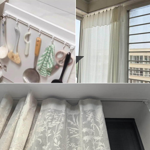Self Adhesive Curtain Track System No Drill Damage Free Hanger Ceiling Or Wall Mount With Easy Install Rails for Room Dividers and Showers with white finish. Curtains hanging in room and tools on rail.