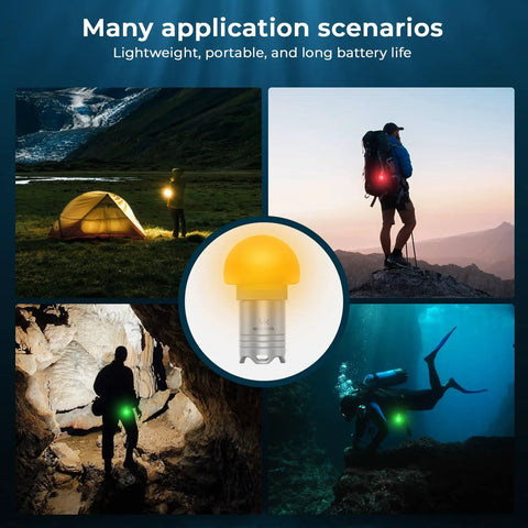 Various uses of Five Color In One Mini Diving Beacon Light for camping, hiking, caving, and scuba diving.
