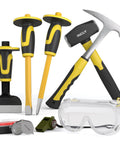 8 Piece Rock Hounding Gear Kit With 3lb Sledge And 32oz Rock Hammer, Concrete Chisels, Safety Goggles, Jewelers Loupe