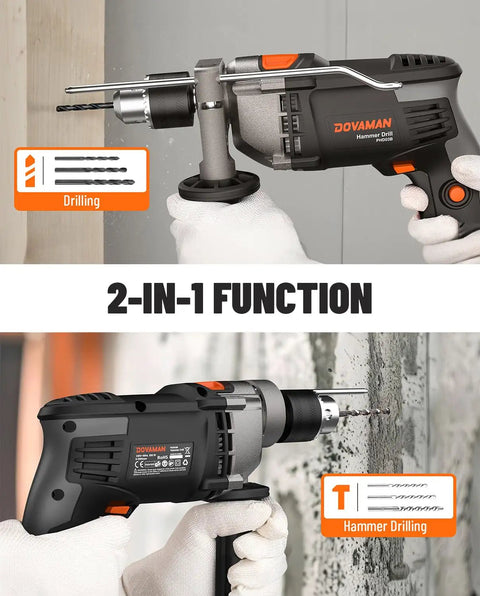 Beefy 7.5 Amp Corded Hammer Drill With 1/2 Inch Metal Chuck, Variable Speed From 0 To 3000 RPM, 2 Modes For Concrete Wood Metal