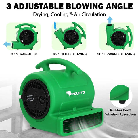 Green unit of One Quarter HP Air Mover With 1000 CFM Two Speeds Drying And Cooling Fan For Carpets Floors And More Copper Motor Roto Mold Housing