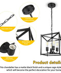 Four Light Black Farmhouse Chandelier With Iron Lantern Pendant Light Rustic Cage And Totally Adjustable Height Industrial E26 Base Hanging Fixture with matte black finish and adjustable chain.