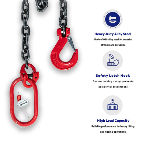 G80 Alloy Lifting Chain Sling For Heavy Lifts 6600 Pound Capacity Six Foot Length Three Eighths Inch Chain Diameter with Red Hook
