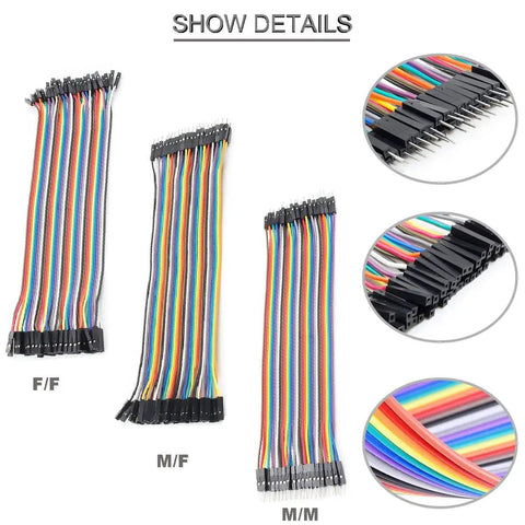 Jumper Wire Kit 120 Pcs 3x20cm Dupont Cables For Breadboard Prototyping, showing colorful male-to-female, male-to-male, and female-to-female lines
