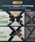 Diagram of X-shaped support technology in heavy duty folding chairs with built in 4 can cooler bag and cup holders, 250 lbs capacity, 2 pack for tailgating beach fishing, portable collapsible outdoor chairs in black.