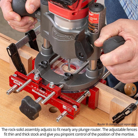 Ultra Premium Adjustable Dual Fence Mortise Base For Plunge Routers With 3/8 Guide Rods in use for precise mortise cutting.