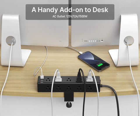 15 Outlet Desk Clamp Power Strip With Widely Spaced Outlets And 6 Ft Flat Plug Surge Protector On Desk Edge