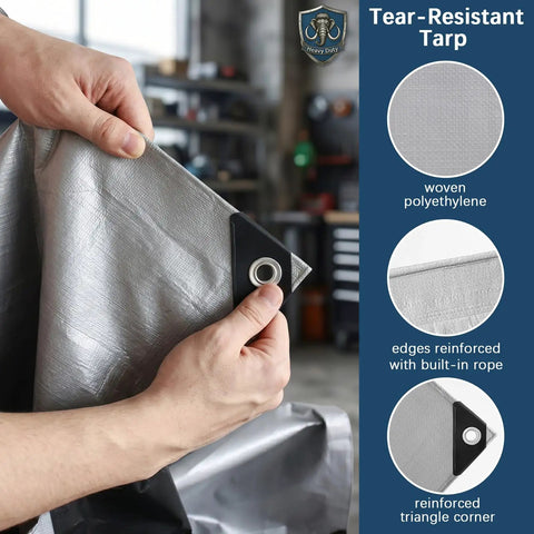 Close-up of Heavy Duty 12x16 Foot Waterproof Poly Tarp With Grommets And Reinforced Edges, showing durable fabric and grommet