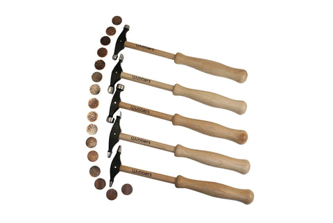 Artisan's Mark Five Piece Hammer Set With Stand Built For Jewelry Makers Planishing Raising And Texture Hammers in a row.