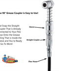 90 Degree Grease Coupler Snaps On To Tight Space Grease Fittings, Fits Standard Grease Gun Couplers, Works With Flex Hose Or Rigid Pipe, 3 Jaw Snap On Design For Hard To Reach Zerk Fittings. 90-degree coupler with flex hose and straight coupler.