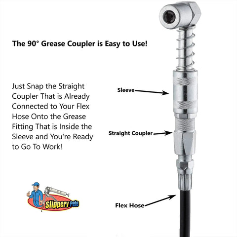 90 Degree Grease Coupler Snaps On To Tight Space Grease Fittings, Fits Standard Grease Gun Couplers, Works With Flex Hose Or Rigid Pipe, 3 Jaw Snap On Design For Hard To Reach Zerk Fittings. 90-degree coupler with flex hose and straight coupler.